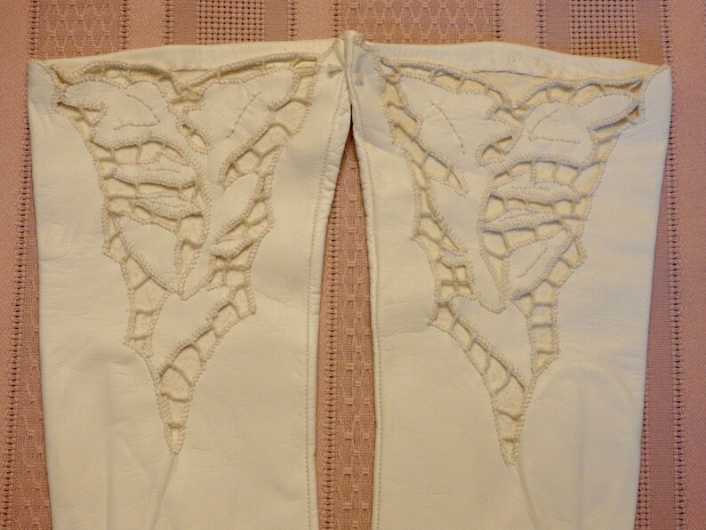 Exquisite 1960s White Kid Leather Cut Out Lace 11 Inch Long Formal GlovesEmbroidered Floral LaceEvening GlovesDay GlovesWedding Gloves image 5