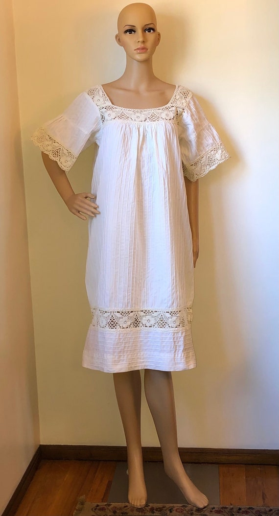 Mexican Vintage Cream White Cotton Crochet Dress~… - image 9