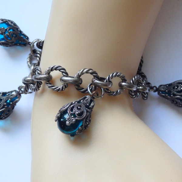 1940s Gunmetal Filigree Midnight Blue Glass Teardrop Cabochon Etruscan Style Fob Charm Bracelet~Chunky Link Bracelet