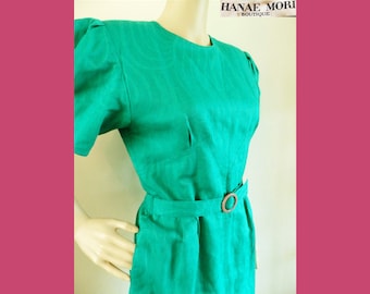 1980s HANAE MORI Boutique Green Linen Cotton Jacquard Print Midi Day Dress~Retro 1940s Style