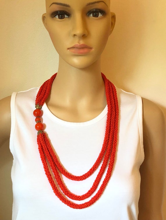 Mid Century ITALY Reddish Orange Glass Seed Bead … - image 2