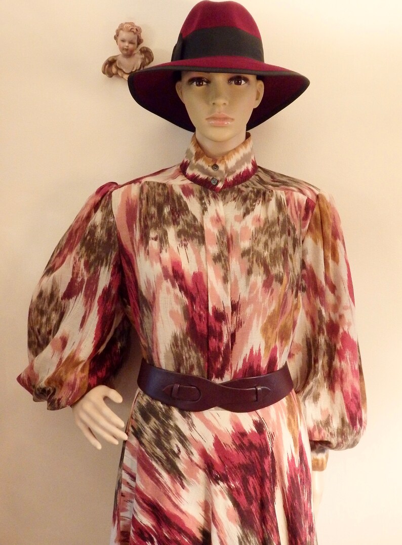 80s Julian Hsiung Southwestern Ikat Blouson Puffed Sleeve Statement Balloon Poet Sleeve Blouse Shirt TopCircle Midi Skirt~Wool~EUC Vintage