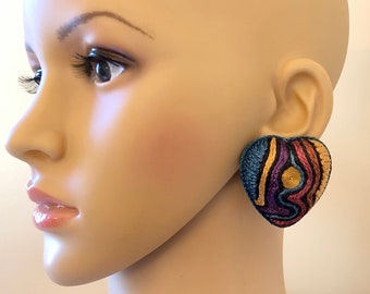 BIG LOVE 80s Artisan Handmade Fiber Art HEART Statement Earrings~Multi Color Silk Embroidered Puffy Heart Gold Spiral Clips~Valentines Day