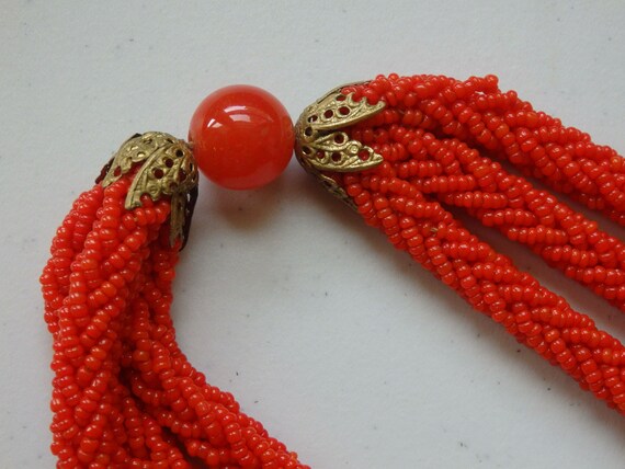 Mid Century ITALY Reddish Orange Glass Seed Bead … - image 7