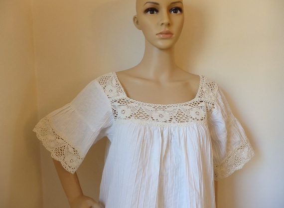 Mexican Vintage Cream White Cotton Crochet Dress~… - image 3