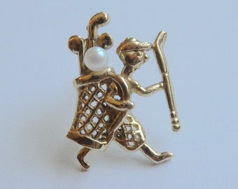 14K Gold GOLFER with Pearl Ball in GOLF BAG and Golf Clubs wearing Gatsby Cap and Plaid Knickers~Golf Caddie Caddy~Mid Century Vintage 1960s