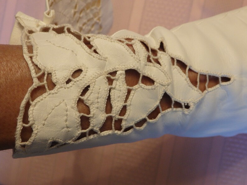 Exquisite 1960s White Kid Leather Cut Out Lace 11 Inch Long Formal GlovesEmbroidered Floral LaceEvening GlovesDay GlovesWedding Gloves image 2