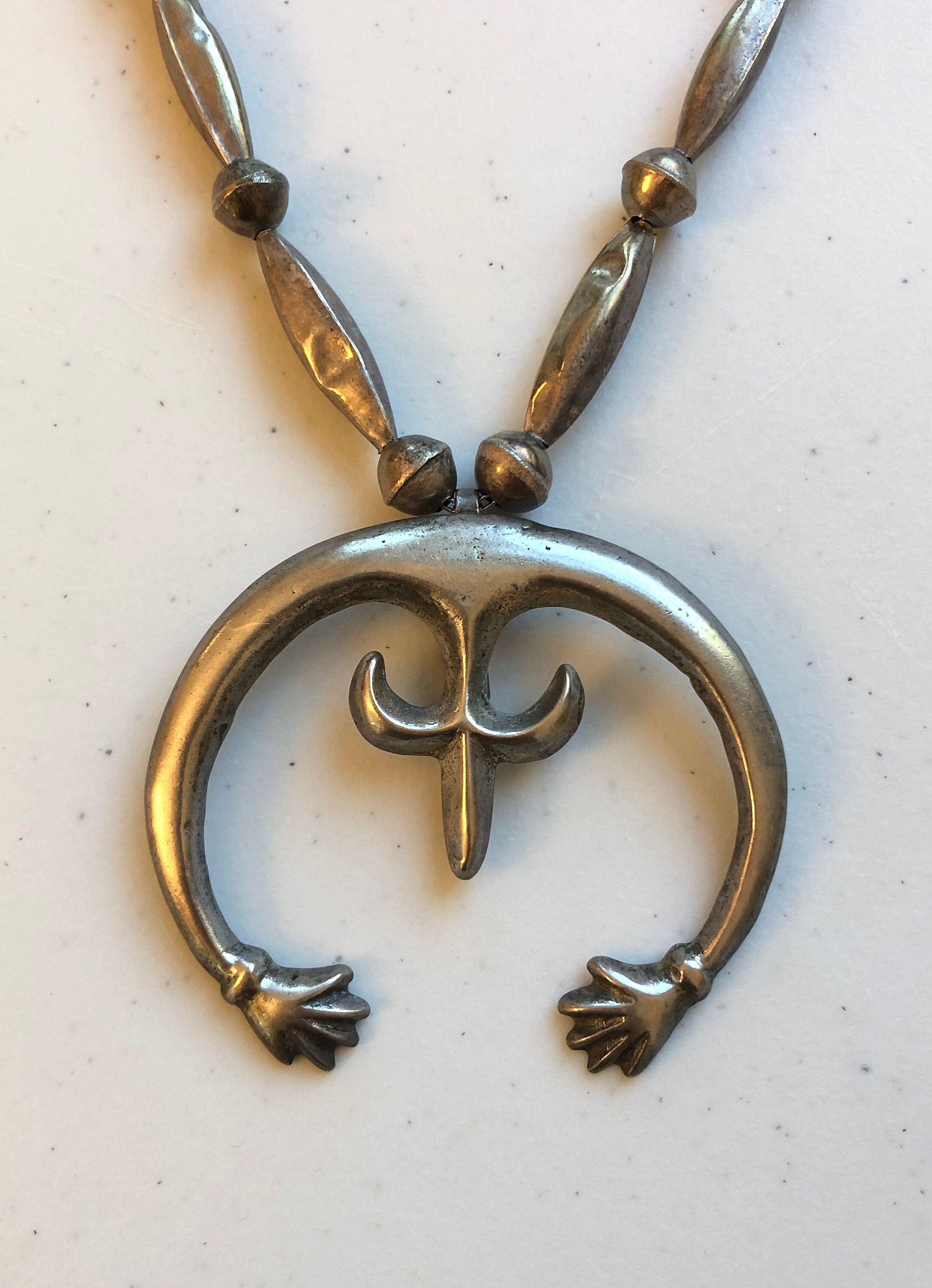 Old NAVAJO Silver Sand Cast HANDS NAJA Pendant Beaded Necklace