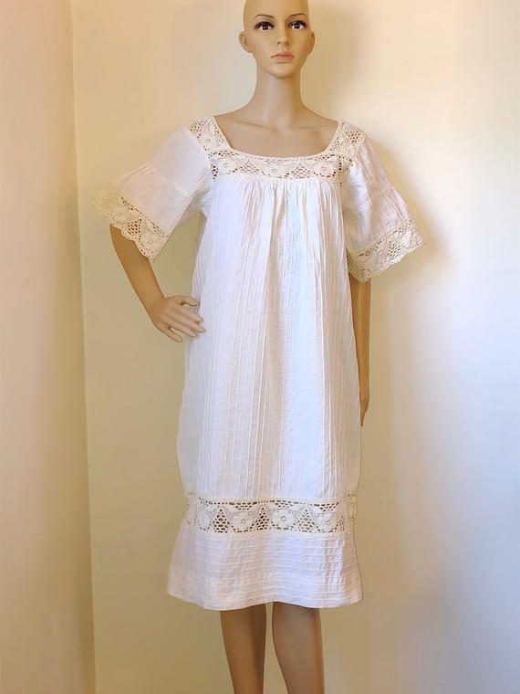 Mexican Vintage Cream White Cotton Crochet Dress~… - image 1