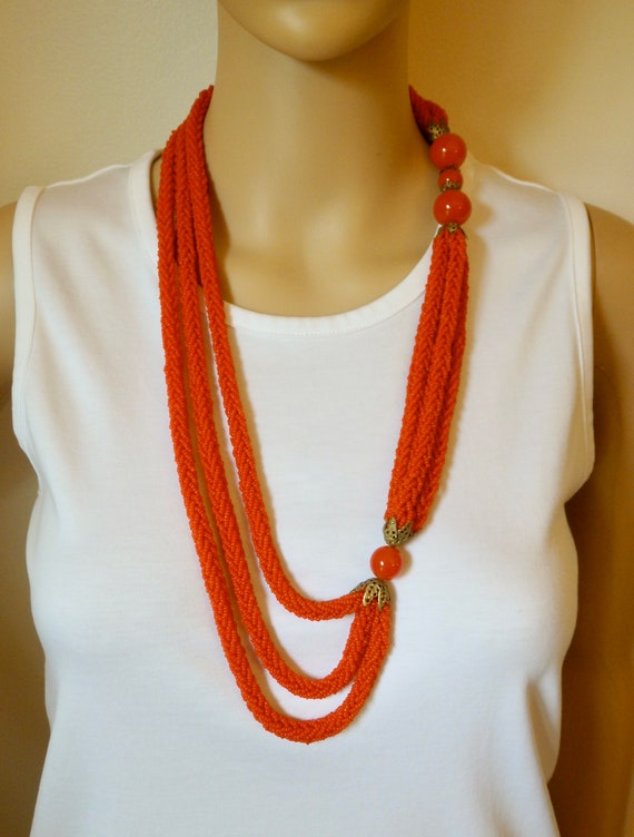 Mid Century ITALY Reddish Orange Glass Seed Bead … - image 8