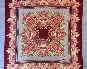 CACHAREL FRANCE Silk Scarf Bandana, Classic Paisley Design, Maroon Gray, Red, Blue, French Vintage, 1970s, Hand Rolled Silk