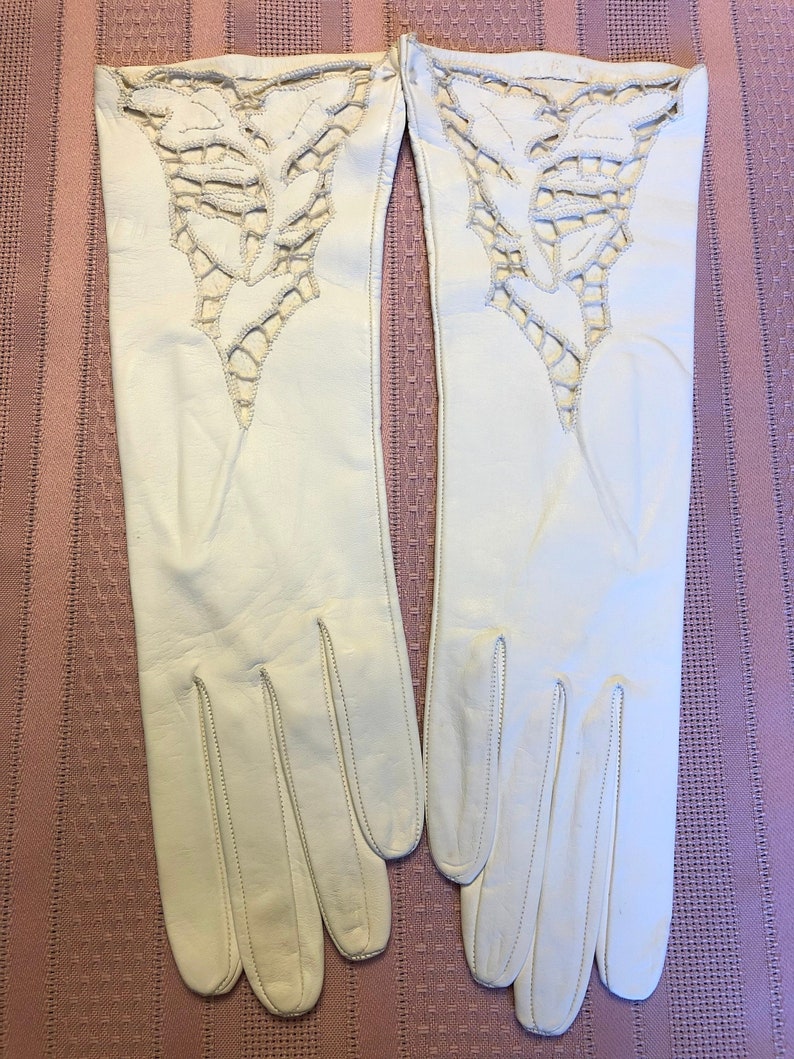 Exquisite 1960s White Kid Leather Cut Out Lace 11 Inch Long Formal GlovesEmbroidered Floral LaceEvening GlovesDay GlovesWedding Gloves image 3