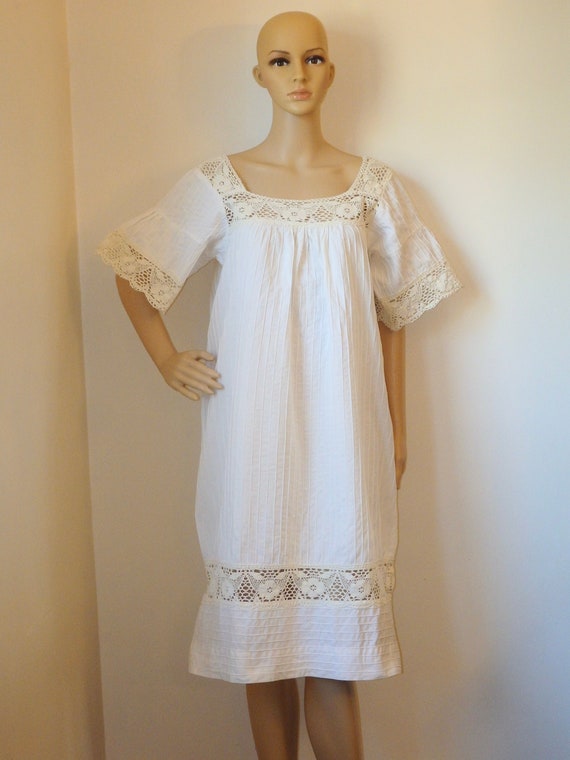 Mexican Vintage Cream White Cotton Crochet Dress~… - image 6