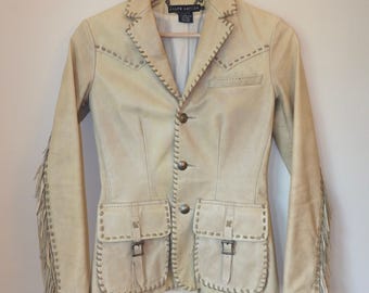 90s Ralph Lauren Leather Jacket XXL クリーム Vintage 90s Polo Ralph Lauren Cowhide Leather Biker Jacket: Buco