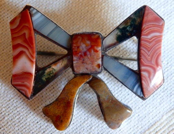 Victorian Scottish Banded Agate Silver Ribbon Bow Pin~Antique 1860s Pebble Brooch~Tartan Plaid Shawl Pin