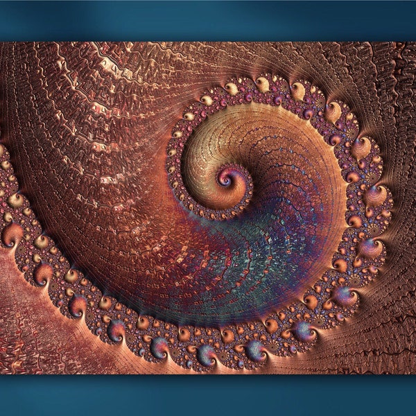 Rusty Ancient Artifact 3-D Spiral Fractal Mounted Metal or Unframed Abstract Giclée Wall Art Print in Copper, Brown, Red & Blue