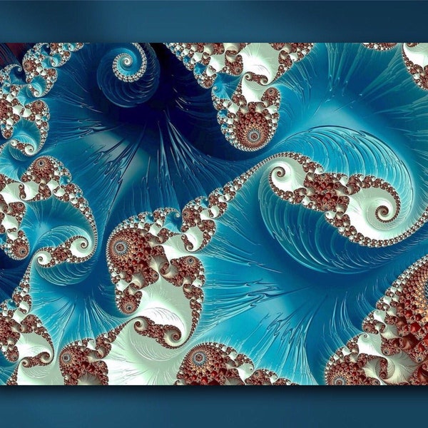 Swimming Stingrays Fractal Art Mounted Metal or Unframed 3-D Fantasy Ocean Reef Fish Giclée Print in Teal Blue & Brown