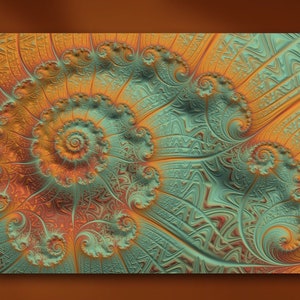 Rusty Ancient 3-D Spiral Fractal Art Mounted Metal or Unframed Giclée Abstract Metal Wall Art Print in Copper & Verdigris Green