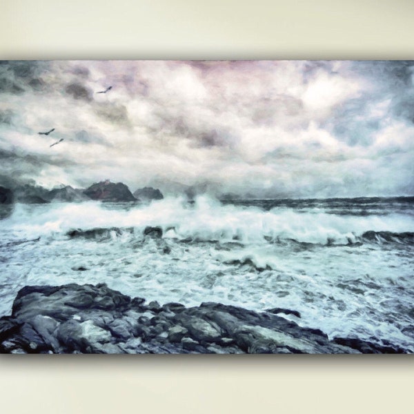 Sea Squall Ocean Waves Stretched Canvas or Unframed Impressionist Seascape Oil Painting Giclée Wall Art Print in Blue, Gray & White