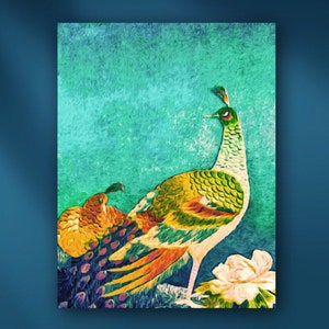 The Handsome Peacock Asian Oil Painting Stretched Canvas Wall Art Print by Susan Maxwell Schmidt