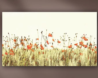 Coral Poppy Wildflowers Stretched Canvas or Unframed Meadow Landscape Oil Painting Giclée Wall Art Print in Green, Brown & Orange