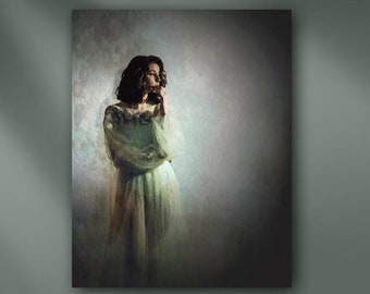 Mysterious Woman in Négligée Stretched Canvas or Unframed Romantic Giclée Watercolor Portrait Wall Art Print in Green, Beige & Brown