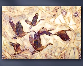 Flying Canadian Geese Stretched Canvas or Unframed Giclée Soft Pastel Wildlife Painting Wall Art Print in Beige, Brown & Blue