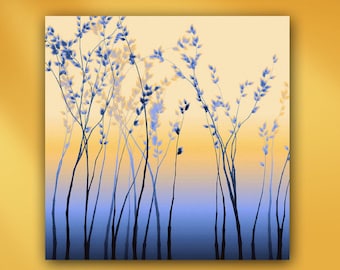 Spring Aspen Trees Stretched Canvas or Unframed Minimalist Landscape Giclée Wall Art Print in Ombré Blue and Yellow