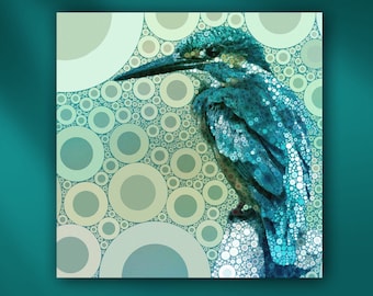 Kingfisher Shore Bird Pointillist Mounted Metal or Unframed Square Giclée Wildlife Wall Art Print in Aqua Blue & Green