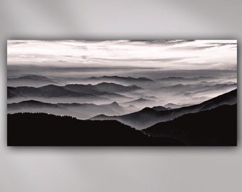 Noir Misty Mountain Stretched Canvas or Unframed Landscape Photography Giclée Wall Art Print in Black, White & Gray