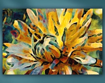 Fall Chrysanthemum Flower Stretched Canvas or Unframed Full-Frame Floral Oil Painting Giclée Wall Art Print in Green, Yellow & Brown