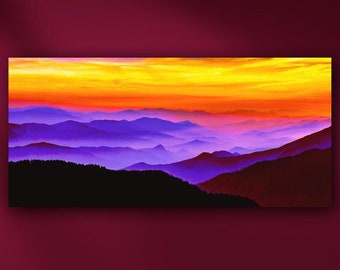 Misty Mountains Sunset Landscape Stretched Canvas or Unframed Giclée Wall Art Print in Ombré Rainbow Colors - Susan Maxwell Schmidt