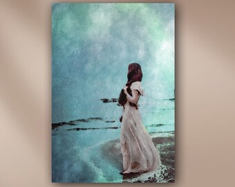 Woman at Foggy Ocean Beach Stretched Canvas or Unframed Giclée Moody Watercolor Portrait Wall Art Print in Blue, Green & Beige