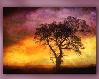 Tree in Silhouette at Sunset Stretched Canvas or Unframed Landscape Altered Photography Giclée Wall Print in Yellow, Purple & Black