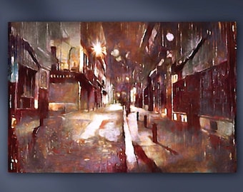 Deserted City Street on Rainy Night Stretched Canvas or Unframed Cityscape Oil Painting Giclée Wall Art Print in Brown, Maroon & Blue