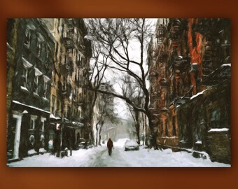 West Village in Greenwich Stretched Canvas Snowy New York City Painting Giclée Wall Art in Brown, Green & Red 24" - Susan Maxwell Schmidt