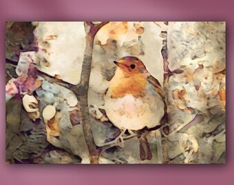 Robin in Tree Stretched Canvas or Unframed Whimsical Songbird Watercolor Painting Giclée Wall Art Print in Beige, Green, Brown & Plum