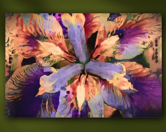 Japanese Iris Flower Stretched Canvas or Unframed Floral Oil Painting Giclée Wall Art Print in Purple, Orange, Yellow & Blue