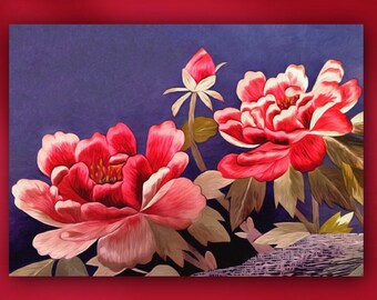 Japanese Peony Flowers Stretched Canvas or Unframed Asian Kimono Still Life Pastel Painting Giclée Wall Art Print in Coral Red, Blue & Green