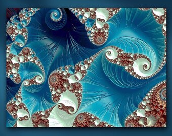 Swimming Stingrays Fractal Art Mounted Metal or Unframed 3-D Fantasy Ocean Reef Fish Giclée Print in Teal Blue & Brown