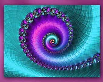 3-Dimensional Eternity Spiral Fractal Mounted Metal or Unframed Giclée Contemporary Geometric Wall Art Print in Aqua Blue & Purple