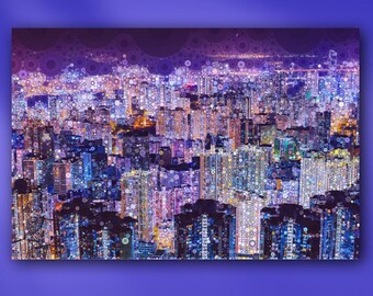 Pointillist Hong Kong City Skyline at Night Metal or Unframed Giclée Wall Art Print in Blue, Purple & Orange - Susan Maxwell Schmidt
