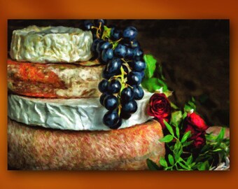 Cheese, Fruit and Roses Stretched Canvas or Unframed Giclée Kitchen and Dining Still Life Oil Painting Art Print