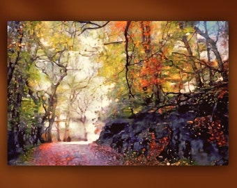 Fall Country Road Stretched Canvas or Unframed Colorful Trees Landscape Oil Painting Giclée Wall Art Print in Orange, Green & Black