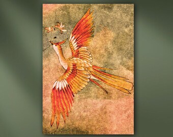 Japanese Flying Bird Stretched Canvas Vintage Kimono Peahen Giclée Wall Art Print in Tan, Orange & Green 24" - Susan Maxwell Schmidt