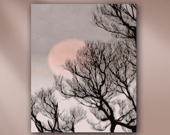 Pink Moon Tree Silhouette Stretched Canvas or Unframed Asian Aesthetic Watercolor Giclée Wall Art Print in Taupe, Gray and Black