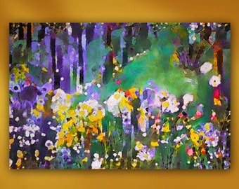 Woodand Path Wildflowers Stretched Canvas or Unframed Watercolor Landscape Giclée Wall Art Print in Green, Purple & Yellow