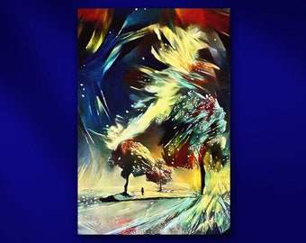 Lone Figure on Snowy Winter Night Stretched Canvas or Unframed Edgy Contemporary Pop Art Landscape Giclée Print in Red, Blue & Yellow