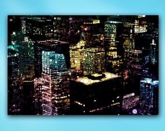 Chicago City Skyline Lights Pointillist Aerial Photography Unframed Giclée or Mounted Metal Wall Art Print in Green, Blue & Purple