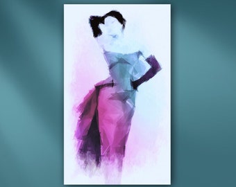 Designer Fashion Illustration Stretched Canvas or Unframed 1940s Elsa Schiaparelli Gown Giclée Wall Art Print in Purple, Green & Blue